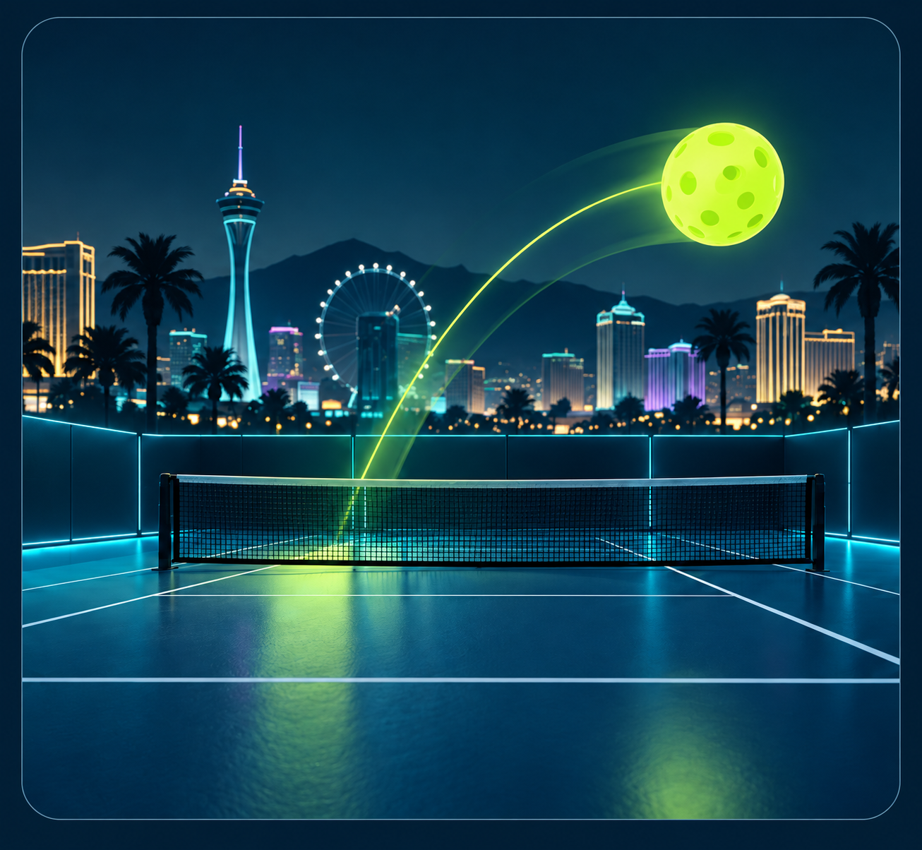 Nighttime Las Vegas skyline above a neon pickleball court, net, and lime ball in motion